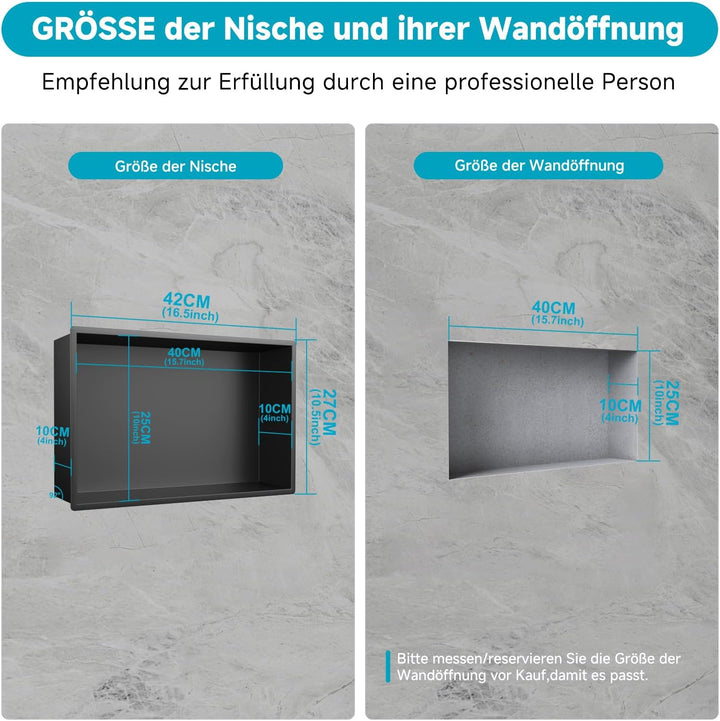 Wandnische Dusche Edelstahl 25x40x10cm, Wasserdicht - Keine Fliesen Erforderlich, Badezimmer Lagerun