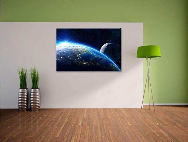 Pixxprint Erde und Ihr Mond aus dem All als Leinwandbild/Grösse: 100x70 cm/Wandbild/Kunstdruck/ferti