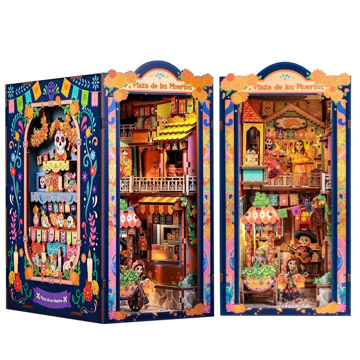 CUTEBEE Book Nook Kit - Mexikanische Festtagsstimmung DIY Puppenhaus, LED-beleuchtetes Buchregal-Dek