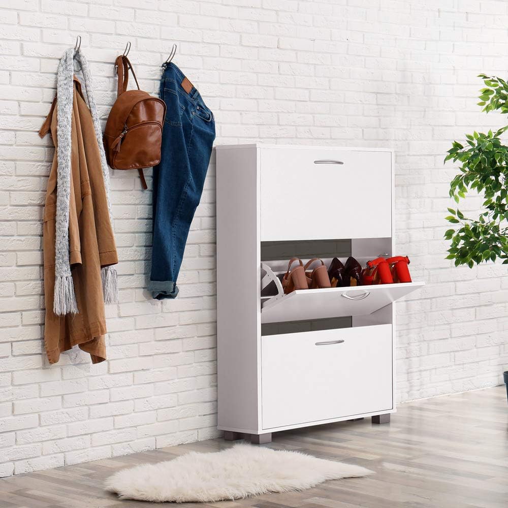 Casaria® Schuhschrank für 18 Paar Schuhe Schmal 115x60x25cm 3 Klappen Hoch Holz Geschlossen Kippsich