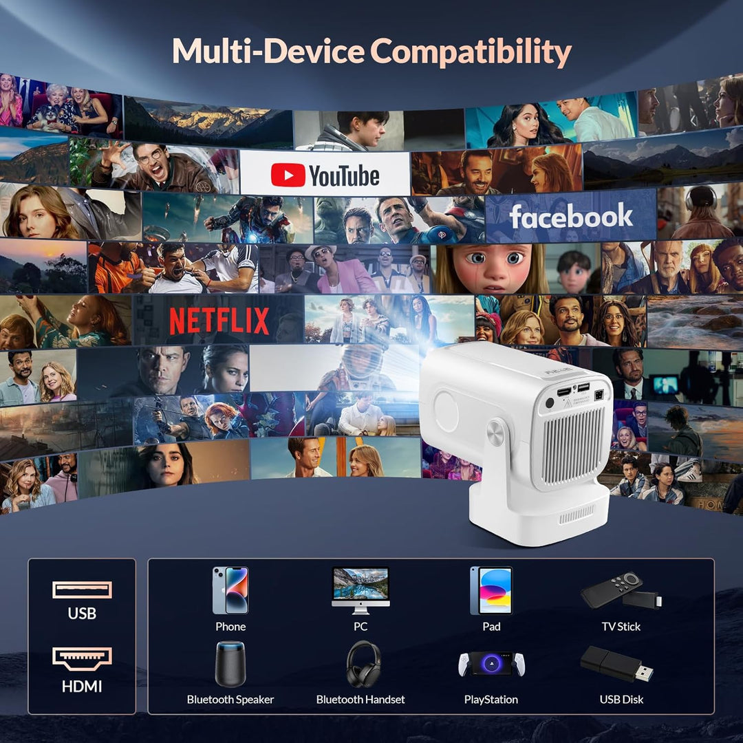 Smart Mini Beamer Mini tragbarer Projektor 1080P mit WiFi & Bluetooth, Mini Beamer 4k mit 180°Dreh T