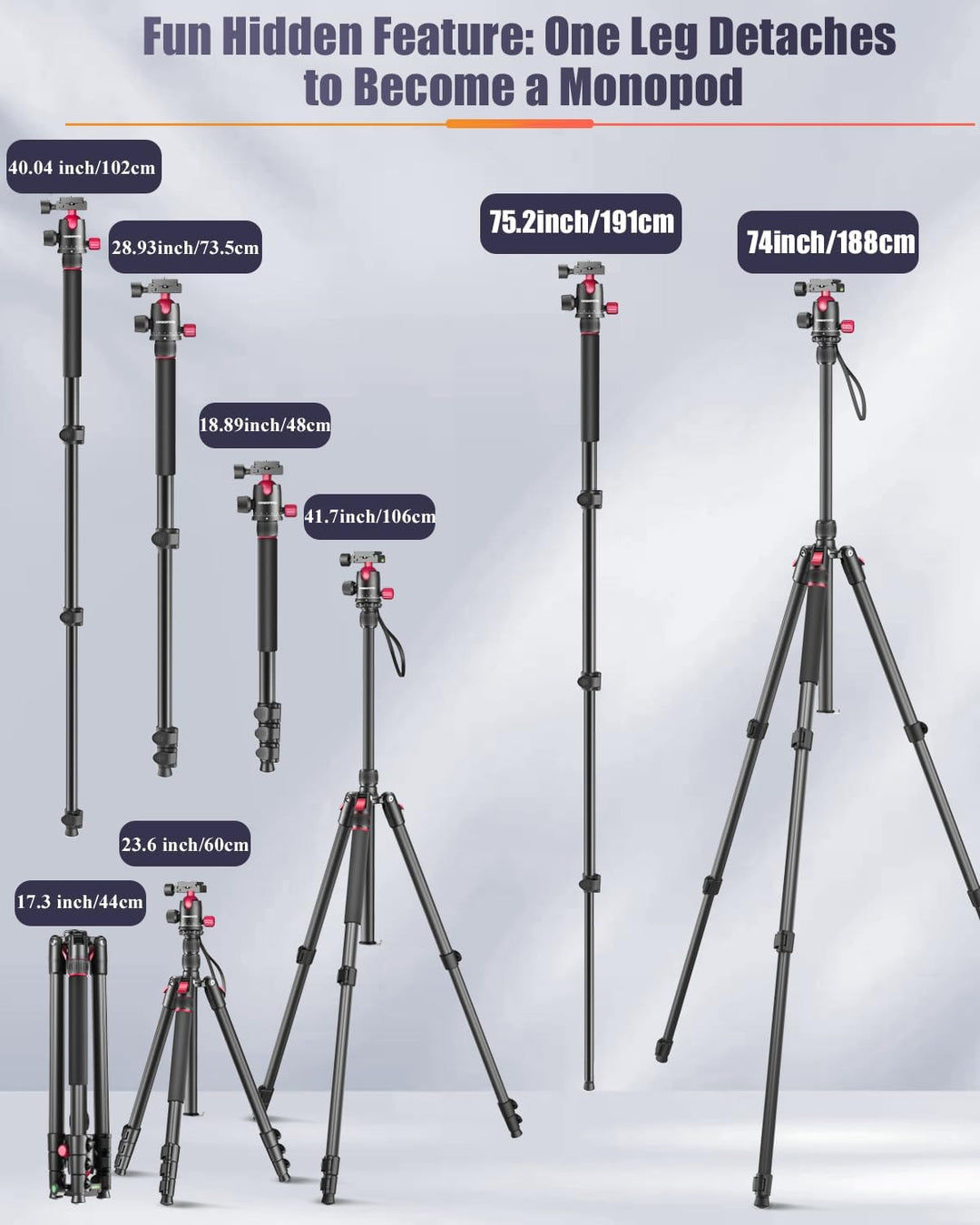 CAMBOFOTO 74'/188 cm Profi-Kamerastativ, tragbares Stativ 188 cm/Einbeinstativ 191 cm, 3/8\