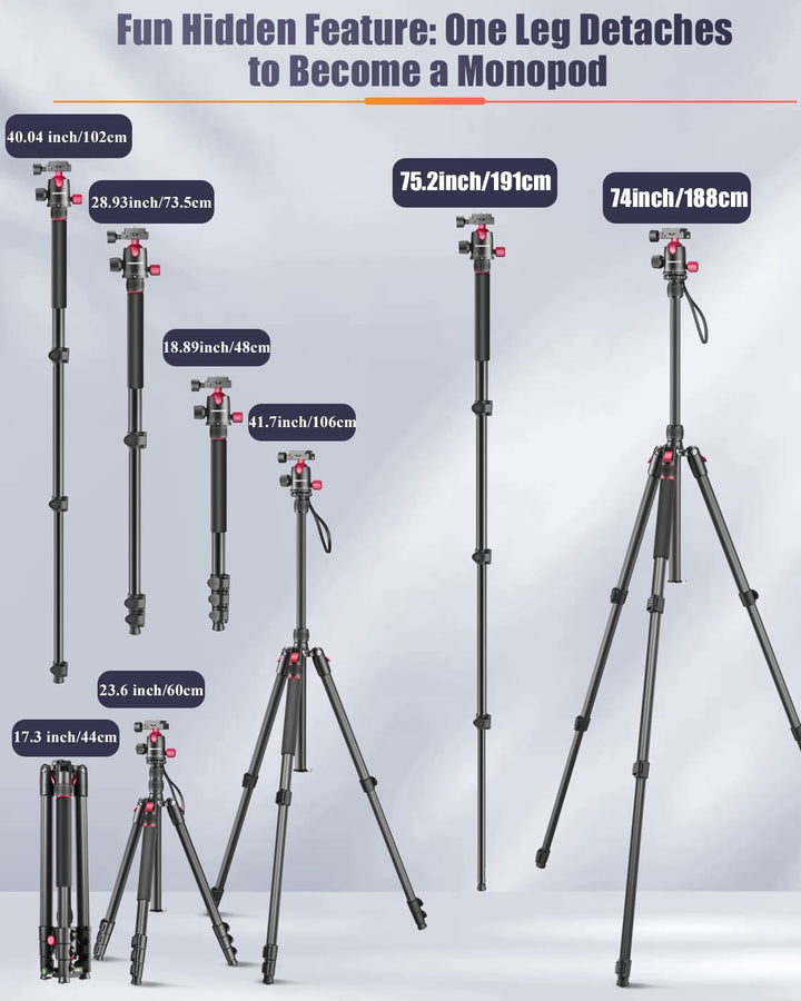 CAMBOFOTO 74'/188 cm Profi-Kamerastativ, tragbares Stativ 188 cm/Einbeinstativ 191 cm, 3/8\