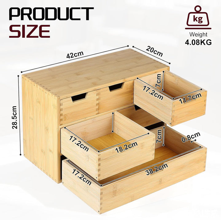 EFUTURETIME Schubladenbox Holz 42 × 20 × 28,5cm Bambus mit 6 Schubladen, 6 Schubladen
