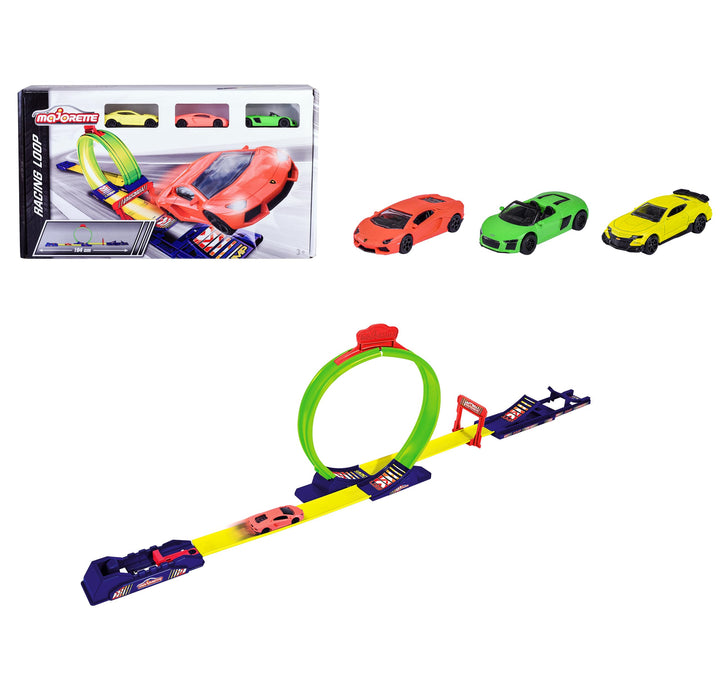 Majorette - Racing Loop – Startbahn – Autostarter – Looping und Sprung – 3 Fahrzeuge inklusive – ab