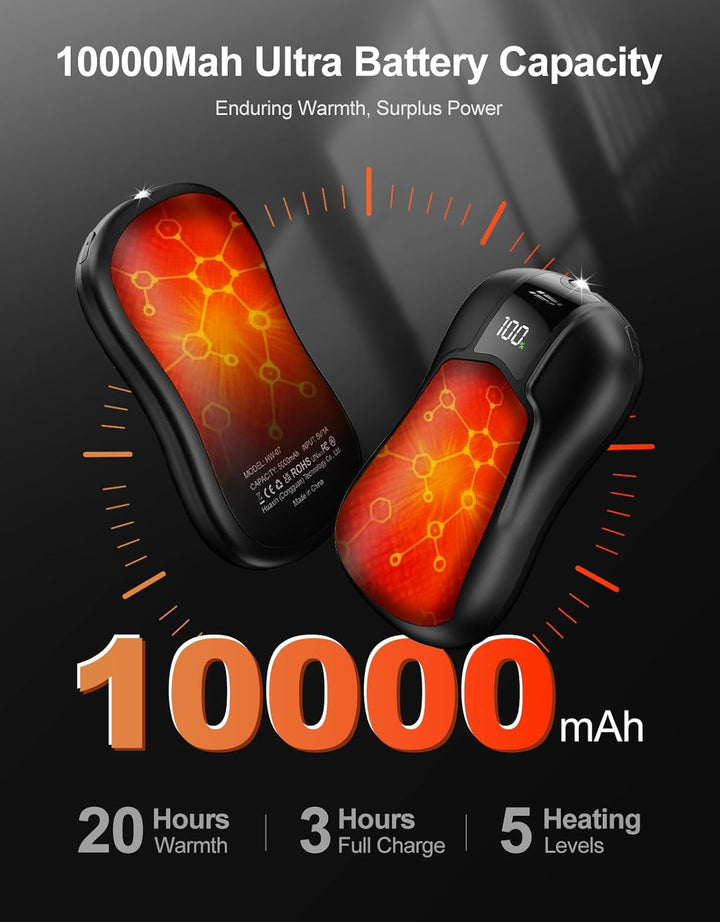 2er-Pack Hand Warmers, Wiederaufladbar mit 10000mAh Elektrische Handwärmer mit Doppelseitiger Heizun