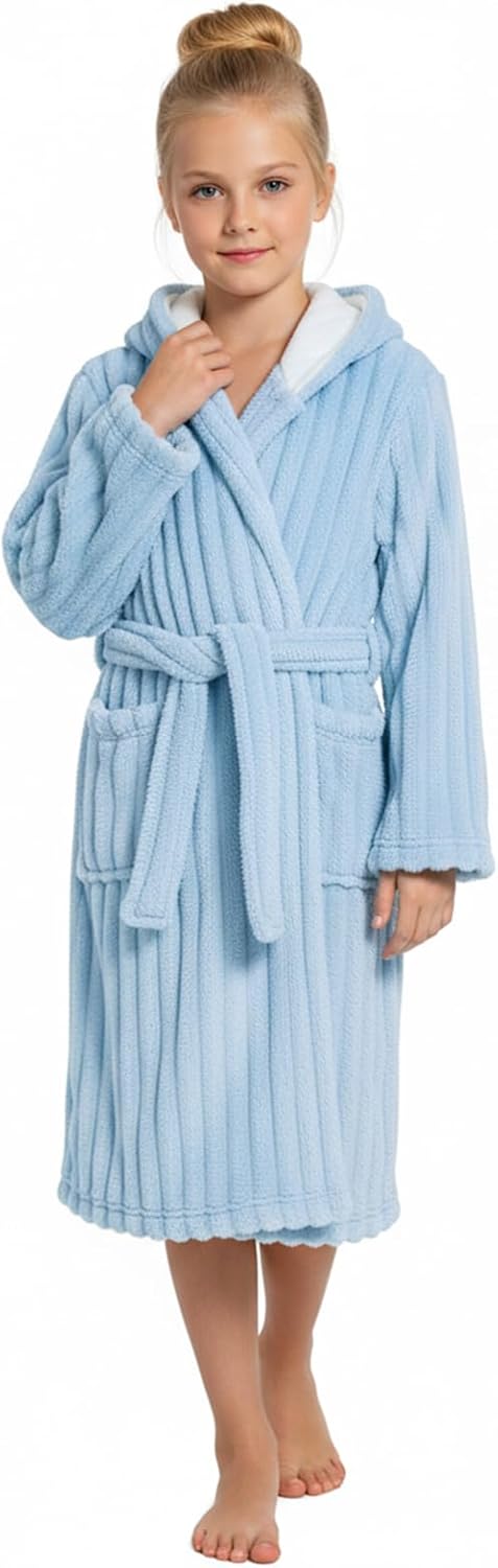 JiAmy Kapuzen Bademantel für Mädchen Flauschiger Fleece Plüsch Langer Schlafmantel Kinder Blau 4-6 J