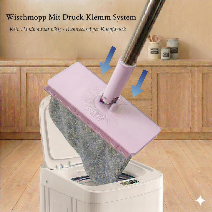 Wischmopp mit Klemm-System, 120cm Mopp mit Breitem Wischkopf (25cm), Wischer Mop ohne Händewaschen,