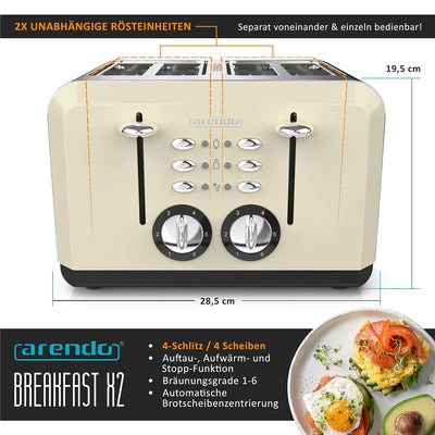 Arendo - Automatik Toaster 4 Scheiben - Edelstahlgehäuse - bis zu Vier Sandwich und Toast-Scheiben -