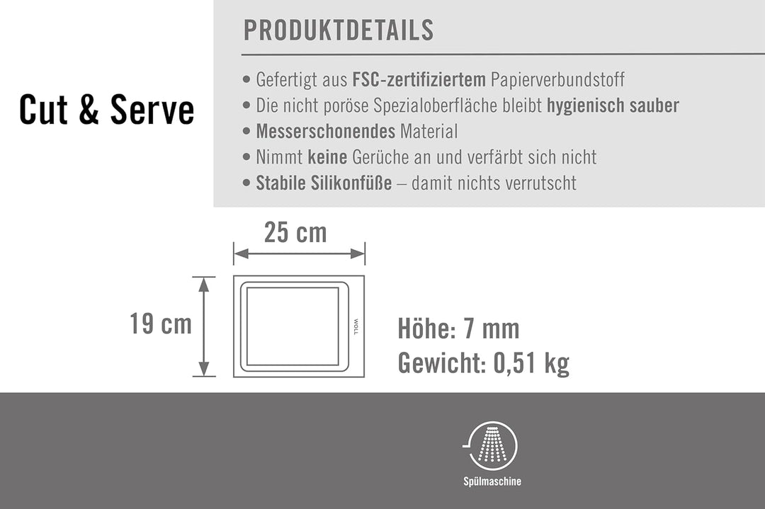Woll Cut &amp; Serve Schneidebrett, 25 x 19 cm, 7 mm hoch, aus FSC-zertifiziertem Papierverbundstoff, BP