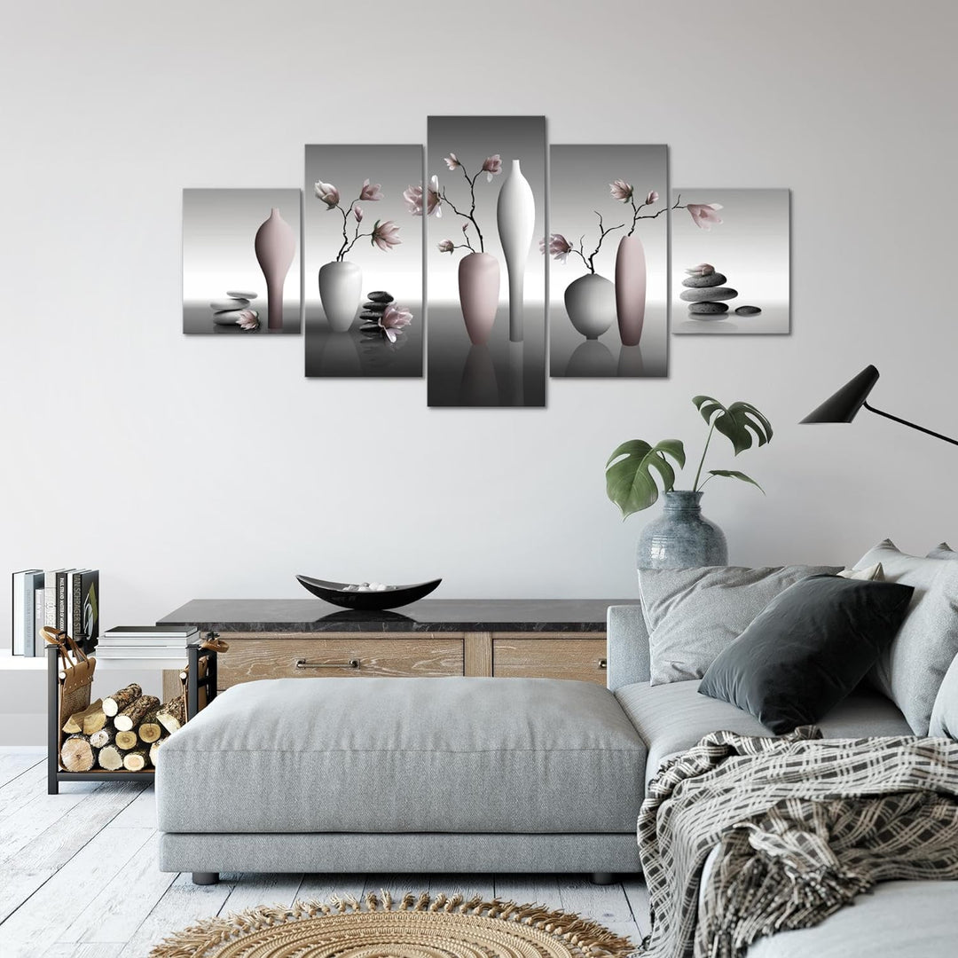 Runa Art Wandbilder Blumen Magnolien 5 Teilig Bild auf Vlies Leinwand Deko Wohnzimmer Spa Schwarz We
