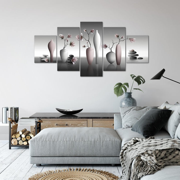 Runa Art Wandbilder Blumen Magnolien 5 Teilig Bild auf Vlies Leinwand Deko Wohnzimmer Spa Schwarz We