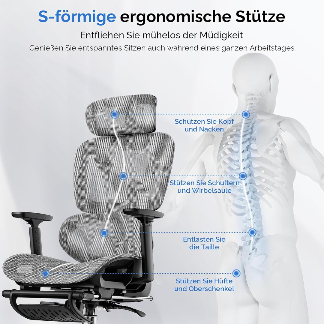 Bürostuhl Ergonomisch, Schreibtischstuhl mit Fussstütze, 90-120° Verstellbare Rückenlehne, Office Ch