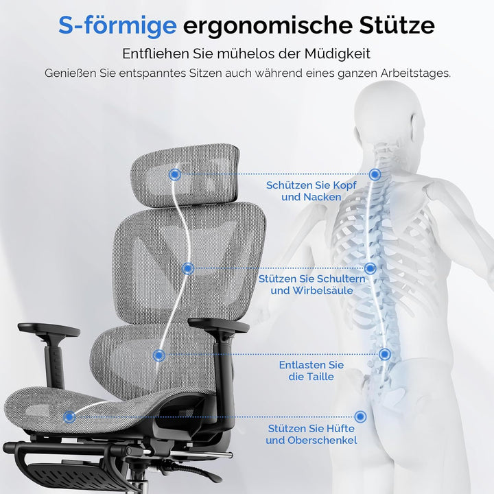 Bürostuhl Ergonomisch, Schreibtischstuhl mit Fussstütze, 90-120° Verstellbare Rückenlehne, Office Ch