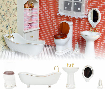 Focket 1:12 Puppenhaus Badezimmer, 5 PCS Puppenhaus Miniatur Möbel Set, Niedliche Exquisite Porzella