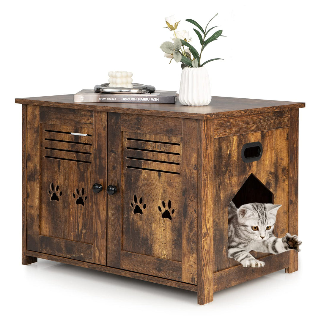 GOPLUS Katzenschrank, Katzentoilette mit seitlichem Eingang, 2 Türen, 2 in 1 Katzenhaus und Couchtis