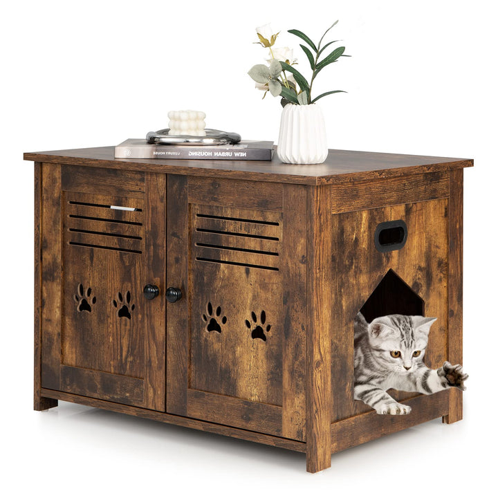 GOPLUS Katzenschrank, Katzentoilette mit seitlichem Eingang, 2 Türen, 2 in 1 Katzenhaus und Couchtis