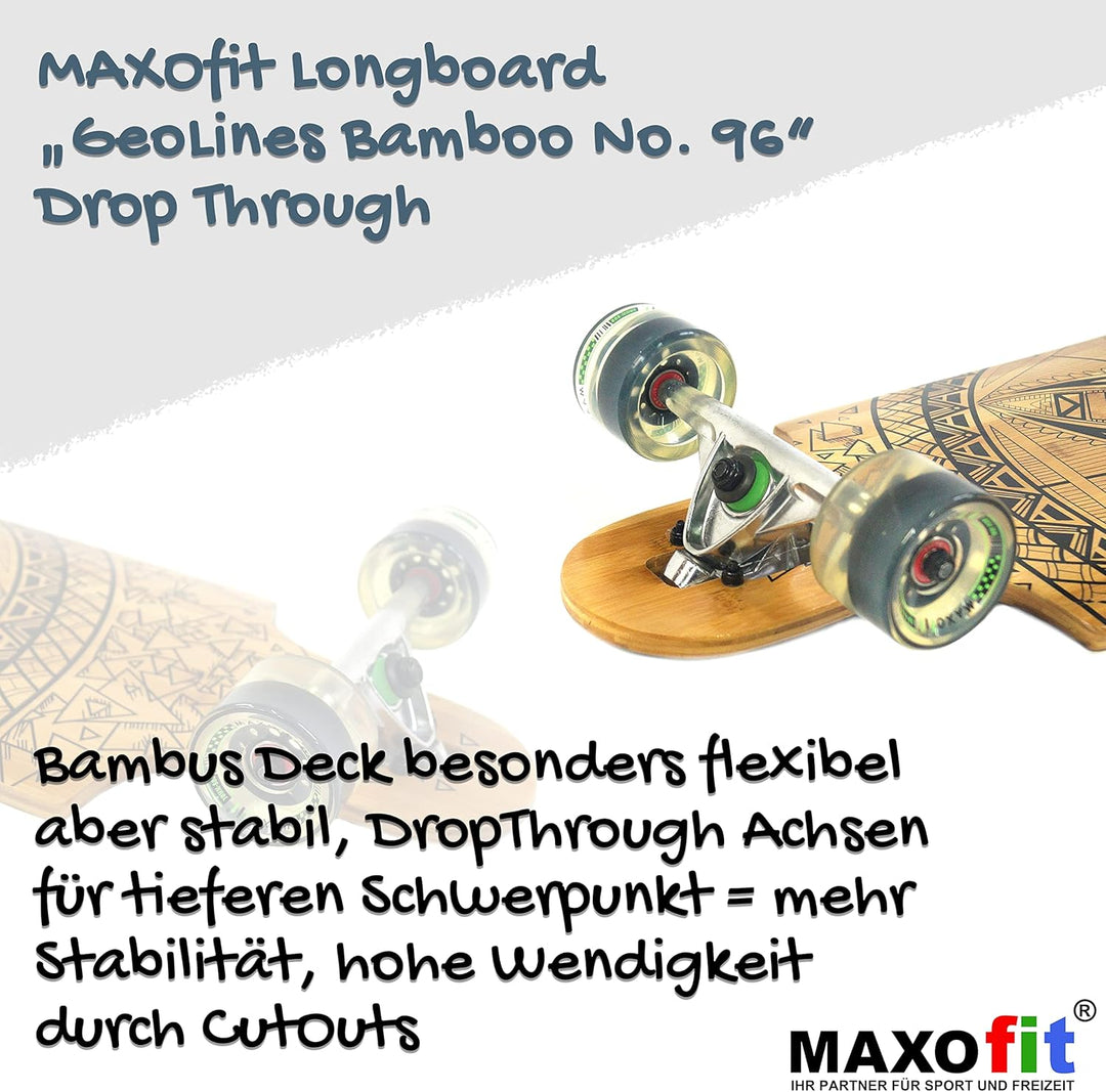 MAXOfit Longboard in verschiedenen Designs mit hochwertigen Ahorn/Bambus Decks für Anfänger und Fort