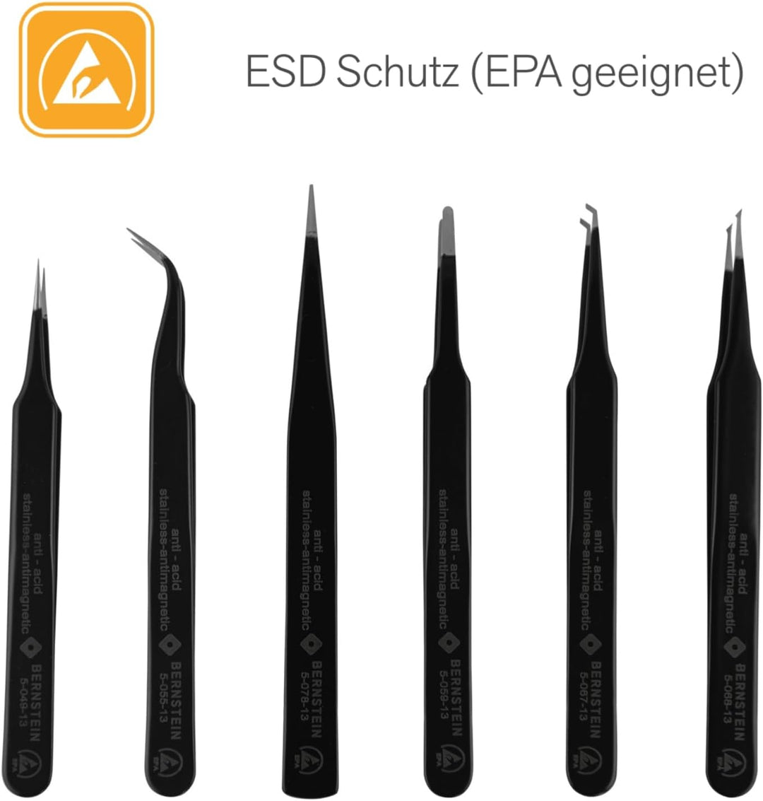 BERNSTEIN ESD Pinzetten Set 6 tlg. | Präzisionspinzette spitz gebogen, entgitterwerkzeug plotter, lö