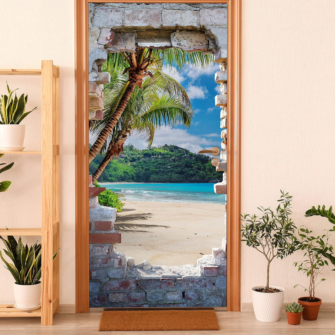 wandmotiv24 Türtapete 3D Steinwand, Paradies, Meer, Strand 90 x 200cm (B x H) - Dekorfolie selbstkle