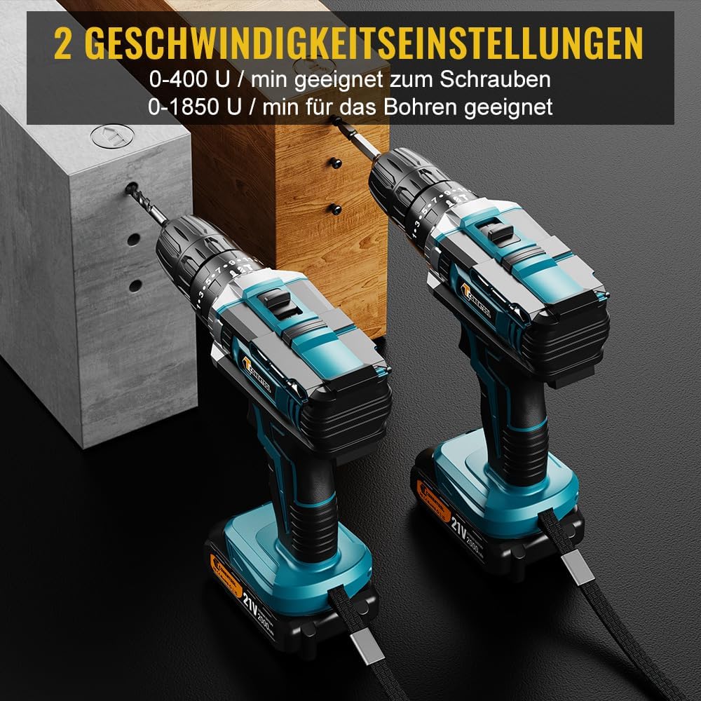 CONENTOOL 21V Akkuschrauber Set, Akku bohrschrauber mit 2x 2000mAh Akkus, 45 N.m Max schlagbohrschra
