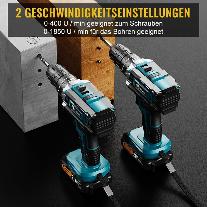 CONENTOOL 21V Akkuschrauber Set, Akku bohrschrauber mit 2x 2000mAh Akkus, 45 N.m Max schlagbohrschra