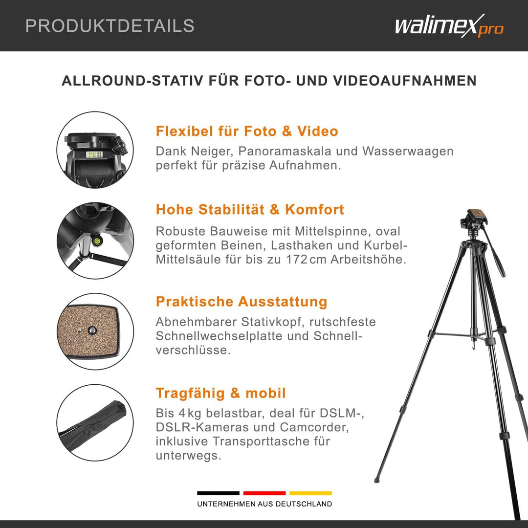 Walimex FW-3970 Semi-Pro Stativ mit Neiger, Kamerastativ höhenverstellbar bis 172 cm, Fotostativ bel