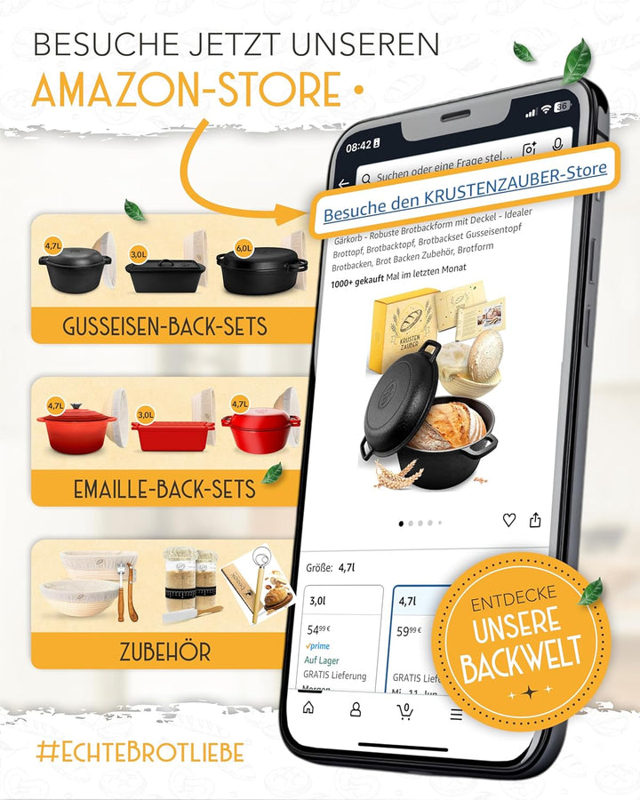 KRUSTENZAUBER Gusseisen Topf Brot Backen emailliert im XXL Set - Brotbackform mit Deckel inkl Gärkor