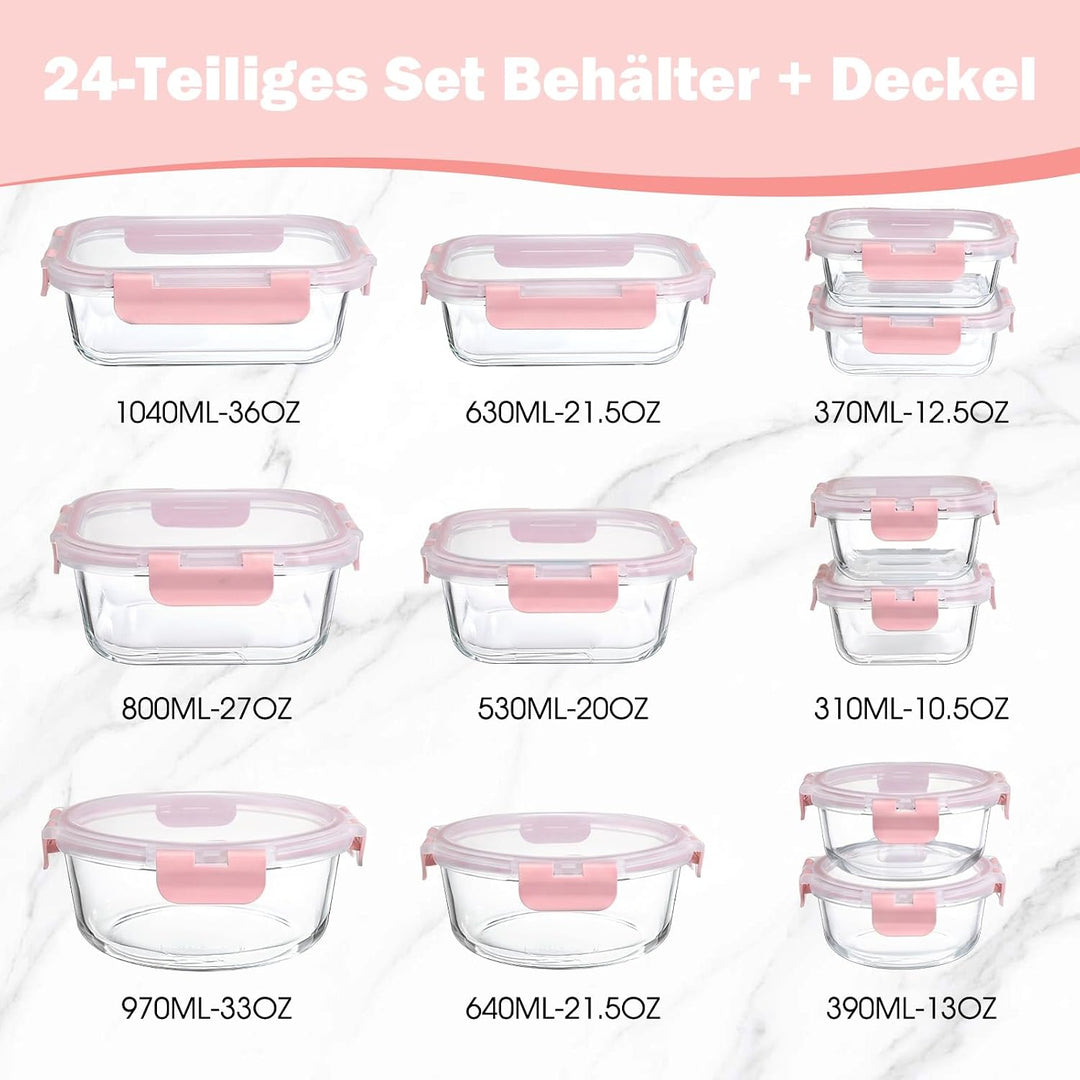 YASHE Glasbehälter mit Deckel, 12 Teile Stapelbar & Luftdicht Meal Prep Boxen Glas für Spülmaschine,