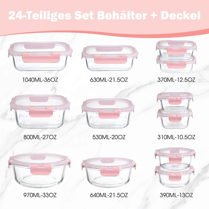 YASHE Glasbehälter mit Deckel, 12 Teile Stapelbar & Luftdicht Meal Prep Boxen Glas für Spülmaschine,