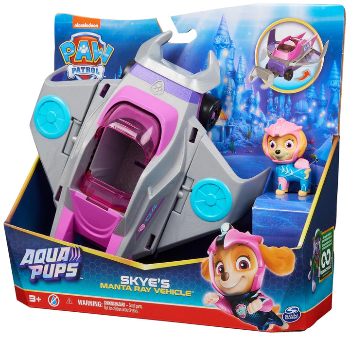PAW PATROL, Aqua Pups - Basis Fahrzeug Spielzeugauto im Rochen-Design mit Skye Welpenfigur, Spielzeu