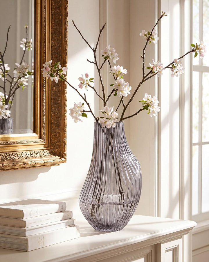 Deko Blumenvase Glas grau 36 cm bauchig Rillen-Struktur breite Öffnung Myrsina
