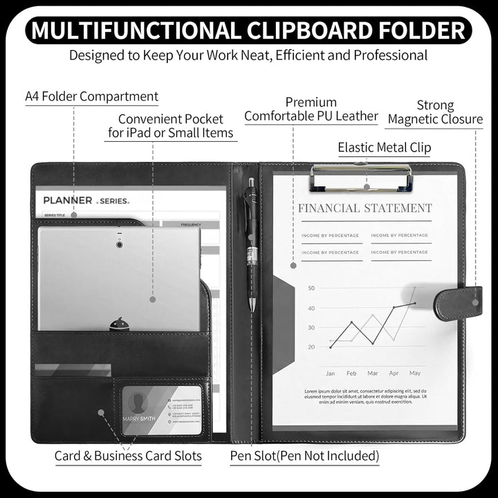 Klemmbrettmappe A4 aus PU-Leder, Magnetische & Faltbare Clipboard Schreibmappe mit Deckel, Stiftehal