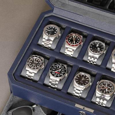 ROTHWELL 12 Slot Leather Watch Box with Valet Drawer - 12 Slot Luxury Watch Case Display Organizer,