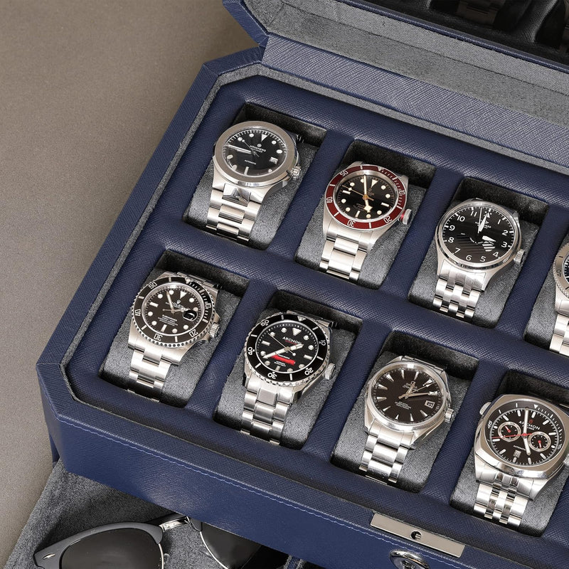 ROTHWELL 12 Slot Leather Watch Box with Valet Drawer - 12 Slot Luxury Watch Case Display Organizer,