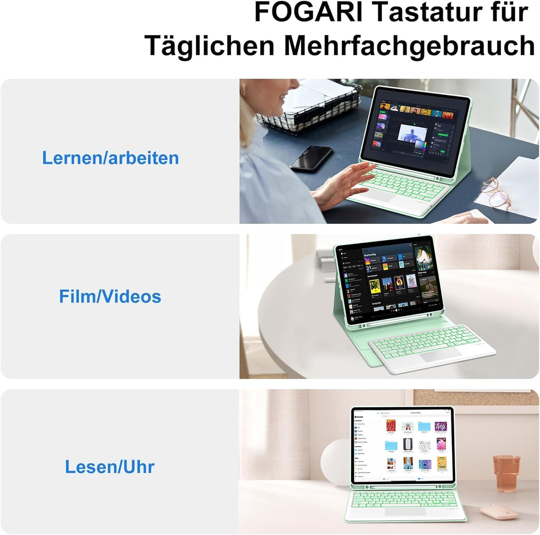 Hülle mit Tastatur für iPad Pro 12.9 (6/5/4/3 Gen), 7 Farben Beleuchtung, Multi Touch Trackpad, Deut