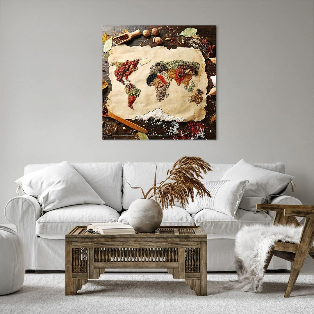 Bilder auf Leinwand 70x70cm Leinwandbild Welt Karte Gewürze Farben Gross Wanddeko Bild Schlafzimmer