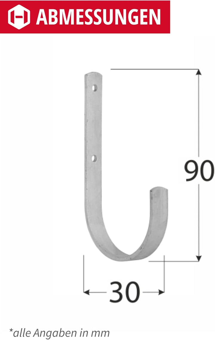 Gedotec Wandhalterung - Universal-Haken Stahl verzinkt | 2 Stück Leiterhaken gebogen 30 x 90 mm | Ge
