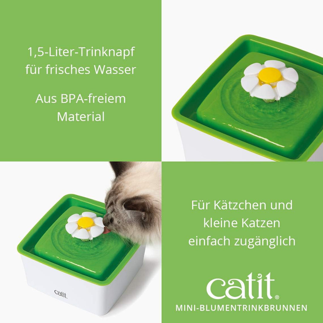 Catit 43735W Flower Fountain MINI, Blumentrinkbrunnen Mini für Katzen, 1,5L, weiss/grün