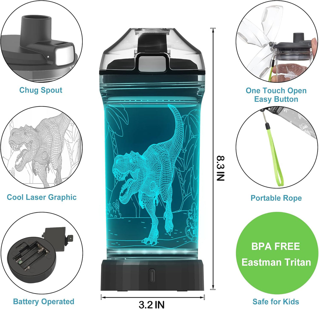 Lightzz Kids Wasserflasche mit 3D leuchtendem Dinosaurier LED Licht - 14 OZ Tritan BPA Free - Kreati