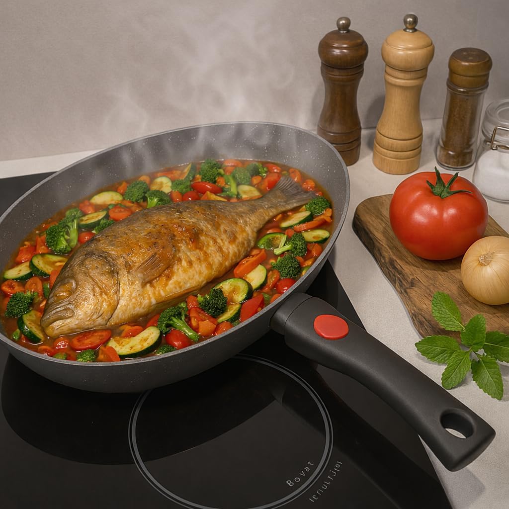 Roc-Tec® Fischpfanne, oval, 38 cm, echte Steinpartikel, antihaftbeschichtet, für alle Herde, auch In