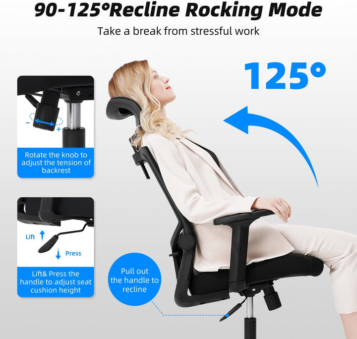 Daccormax Bürostuhl Ergonomisch, Schreibtischstuhl mit Verstellbarer Kopfstütze, Armlehnen, Lendenwi