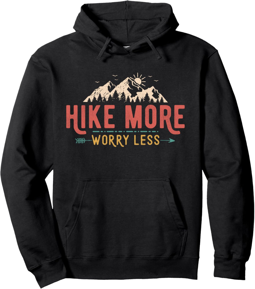 Hike More Worry Less Funny Hiking Motivational Quotes Retro Pullover Hoodie