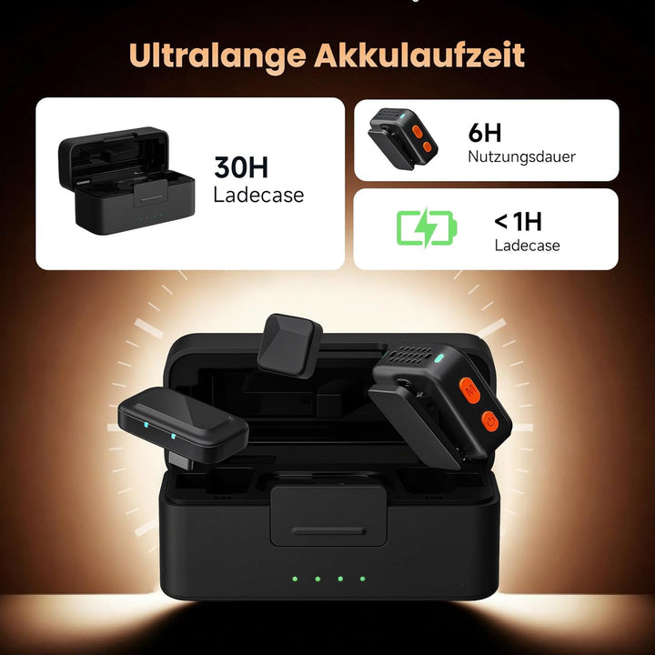 Wireless Lavalier Mikrofon mit Ladecase, 100m Reichweite, KI-Rauschunterdrückung, Clip-On Ansteckmik