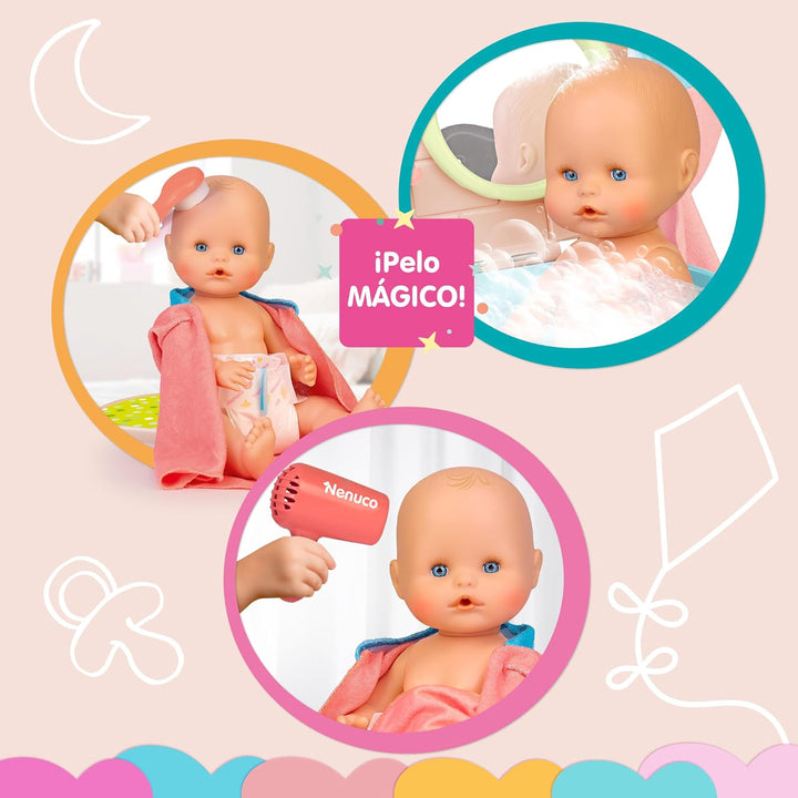 Nenuco Bad mit Blasen, Puppe 35 cm mit festem Körper und magischem Haar, mit Zubehör 2-in-1: Badewan
