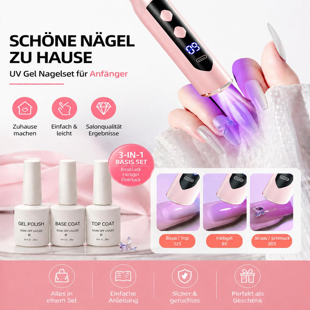 Gelnägel Starter Set für Anfänger, Kabelloser Nagelfräser mit Integriertem UV-Licht, UV Gel Nagellac