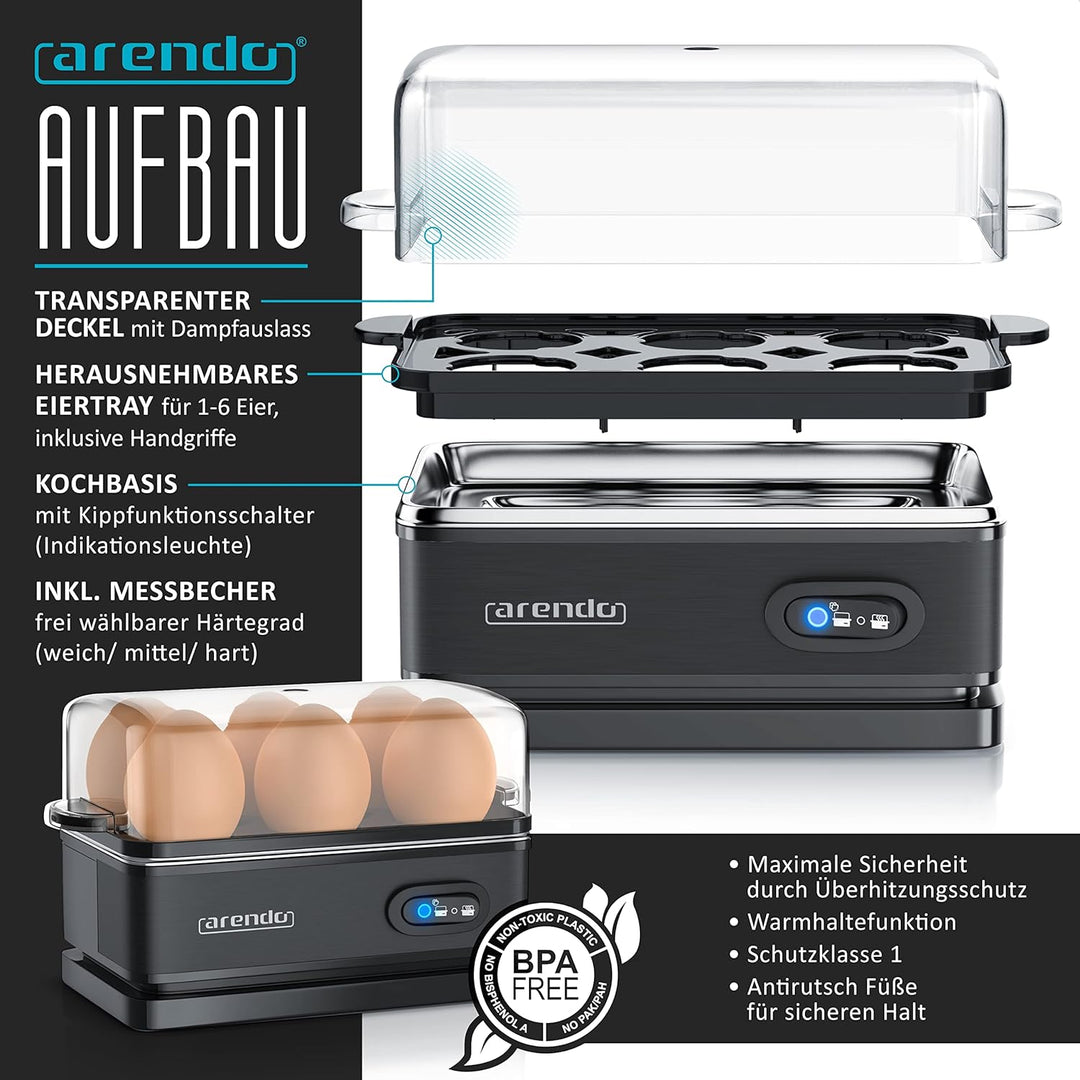 Arendo - Set Wasserkocher ELEGANT mit Eierkocher SIXCOOK Edelstahl Schwarz, Wasserkocher 1,5L 40° -