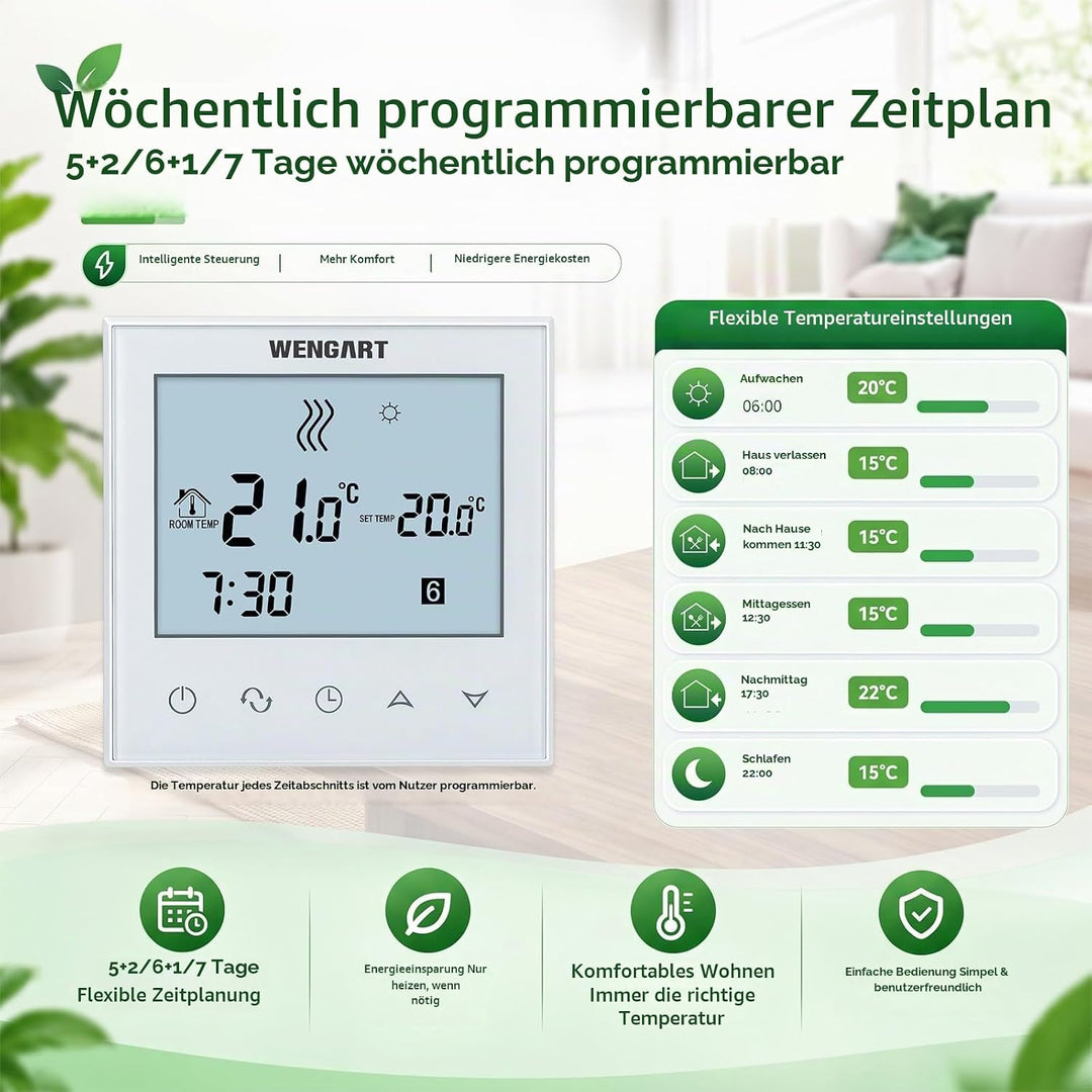 Wengart Programmierbarer Thermostat WG03-2 Touchscreen-Design, AC230V 3A LCD-Display, geeignet für W