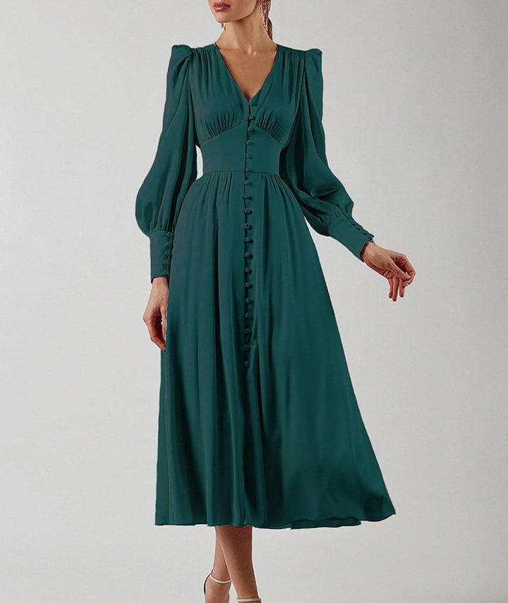 xxxiticat Damen Langarm Satin Maxikleid Lange Laternenärmel Knopfleiste Rüschen Einreihig Vintage Pu