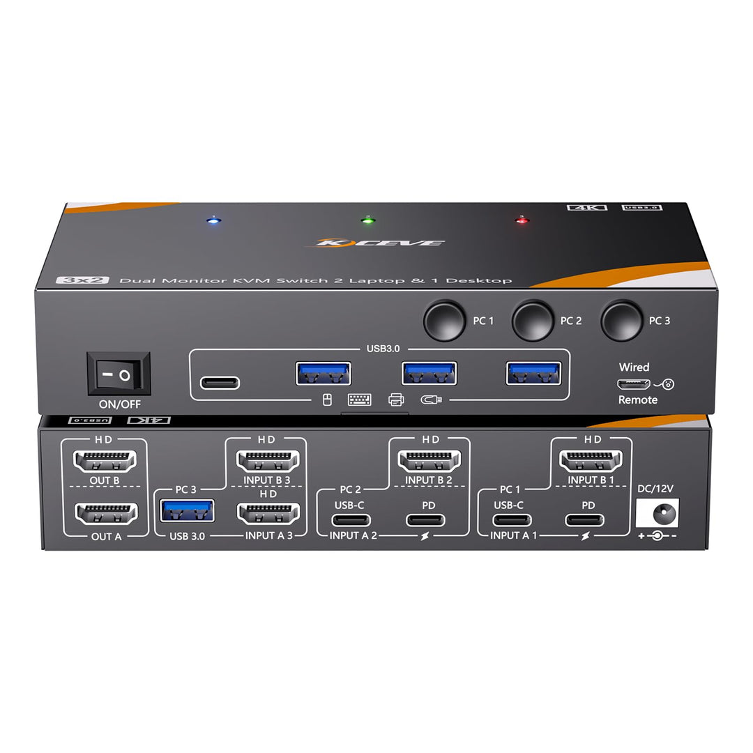 KVM Switch 3 PC 2 Monitore USB-C HDMI, USB 3.0 Dual Monitor KVM Switch für 2 Laptops 1 Desktop Teile
